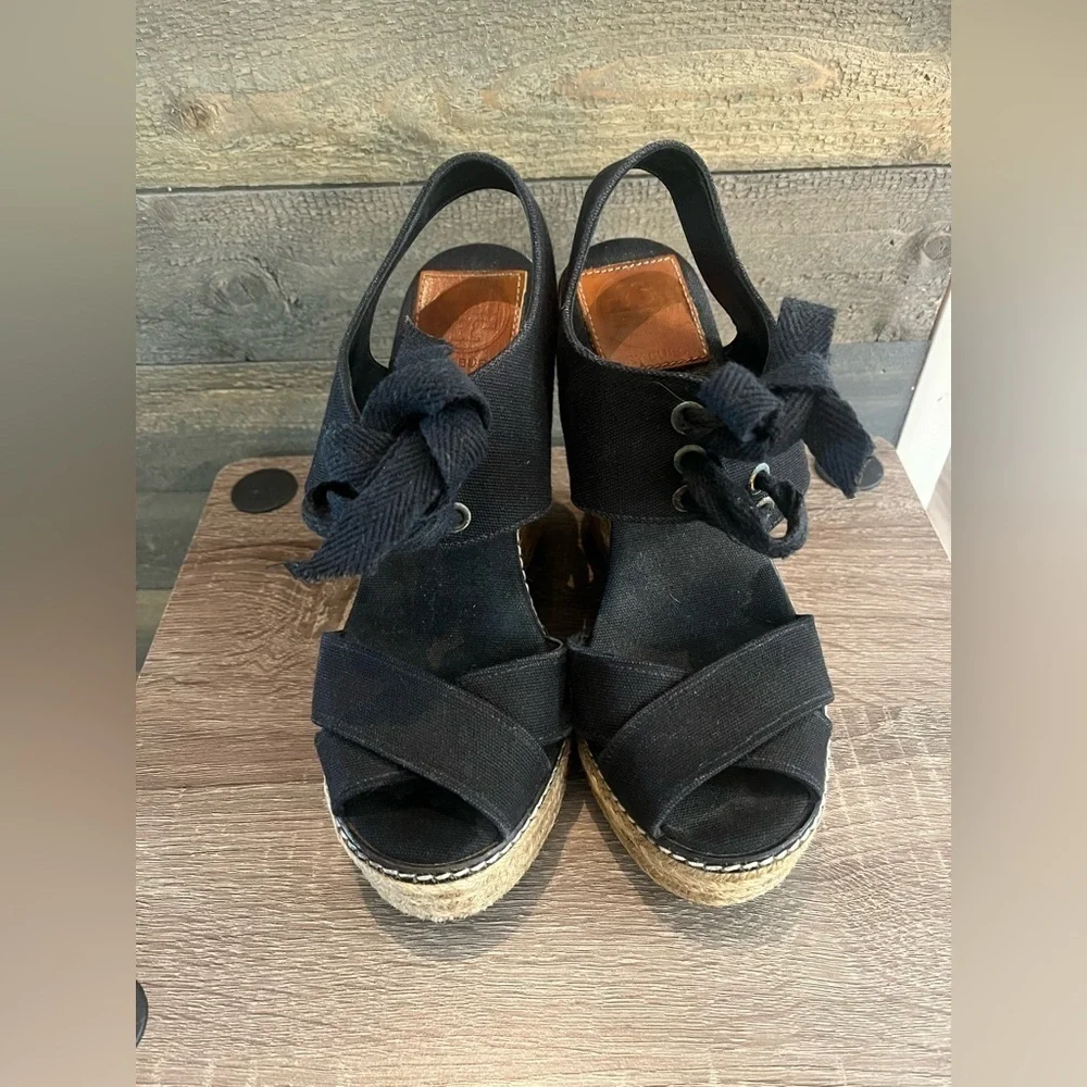 TORY BURCH Black Lace Up Canvas Espadrille Wedges Sandals Size 5